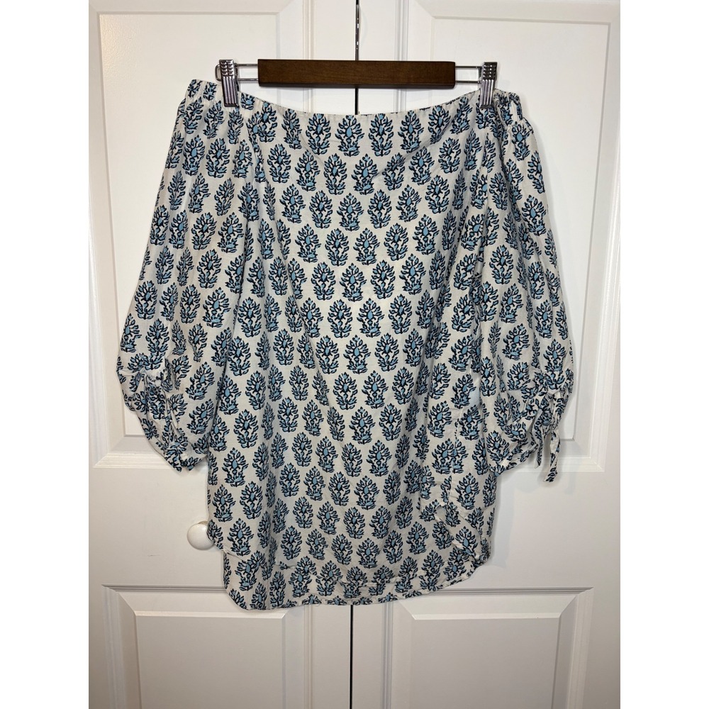 J.McLaughlin Women Large Blue White Cotton Silk Off Shoulder Block Print Blouse